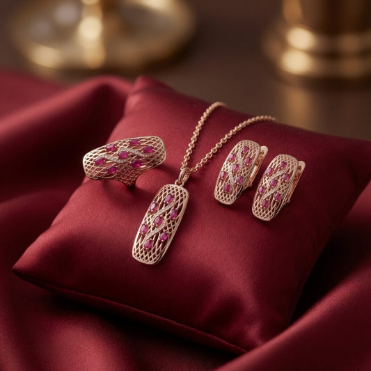 Schmuckset 585 Rose Gold Ethnische Vintage 3-tlg Schmuck Rot Zirkon Ring Ohrringe Halskette