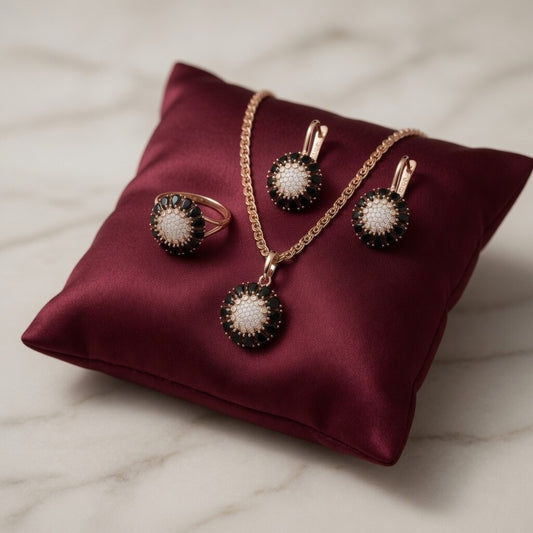 Schmuckset 585 Rose Gold Ethnische Vintage 3-tlg Schmuck Set Schwarz Zirkon Ring Ohrringe