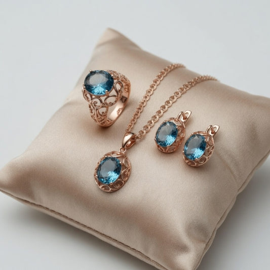 Schmuckset Blaues Kubik Zirkon Schmuck Set Für Damen Rosa Gold