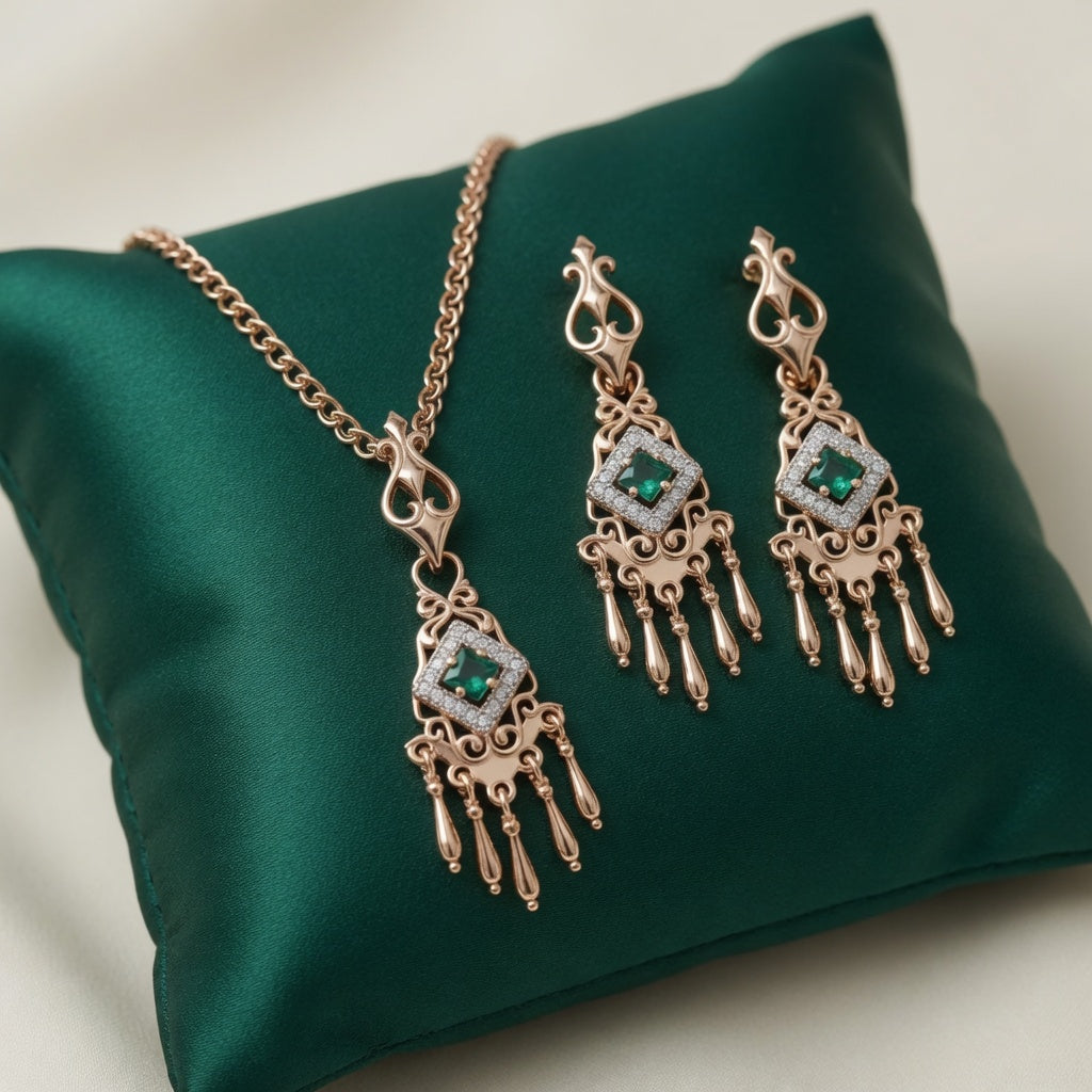 Schmuckset Grüne Natürliche Zirkon-Schmucksets Damen 585 Roségold Ohrringe Halskette