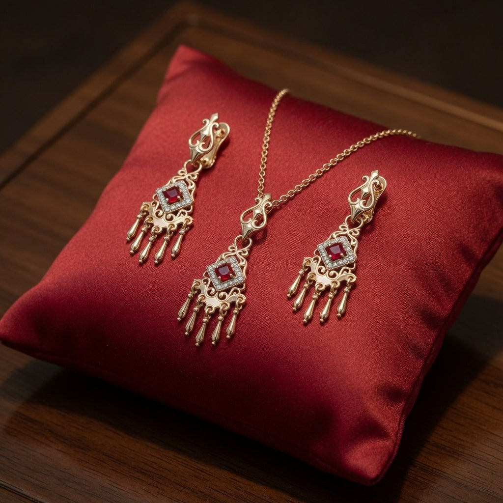 Schmuckset Grüne Natürliche Zirkon-Schmucksets Damen 585 Roségold Ohrringe Halskette