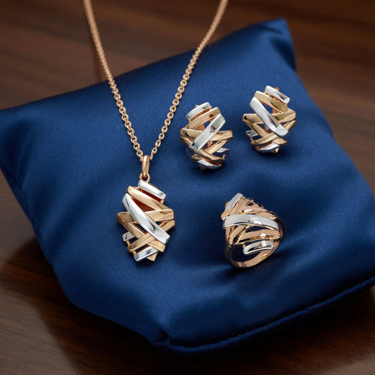 Schmuckset Kreuzlinien-Brautring Ohrringe Halskette Damen 585 Roségold Silber Farbmischung