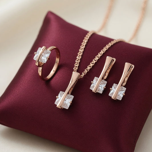 Schmuckset Quadratischer Weißer Zirkon Schmuck Damen 585 Roségold