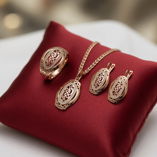 Schmuckset Roségold Ethnischer Brautschmuck Set Halskette Ohrringe Ring
