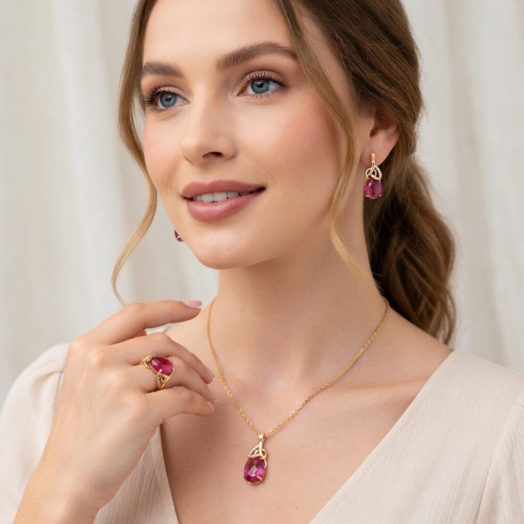 Schmuckset Rotes Natürliches Zirkon Schmuckset Damen 585 Roségold Ring Ohrringe Halskette
