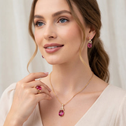 Schmuckset Rotes Natürliches Zirkon Schmuckset Damen 585 Roségold Ring Ohrringe Halskette