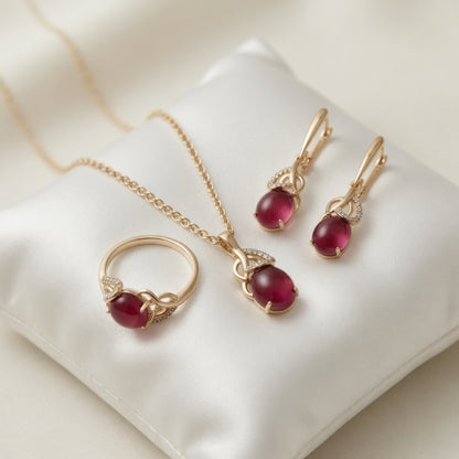 Schmuckset Rotes Natürliches Zirkon Schmuckset Damen 585 Roségold Ring Ohrringe Halskette