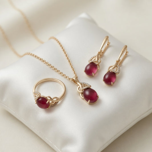 Schmuckset Rotes Natürliches Zirkon Schmuckset Damen 585 Roségold Ring Ohrringe Halskette