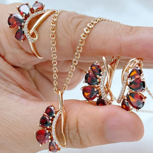 Schmuckset 585 Rose Gold 3-tlg Vintage Schmuck Rot Zirkon Ring Ohrringe Halskette Damen