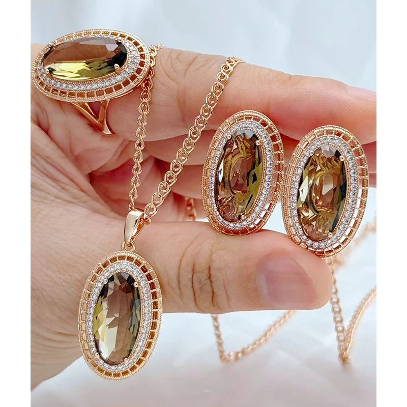 Ovaler Braun Zirkon Schmuck Set Hochzeit Für Damen Roségold
