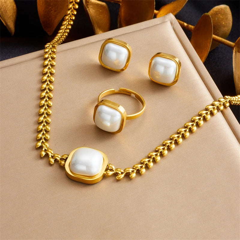 316L Edelstahl Quadrat Große Perle Halskette, Ohrringe, Ring Set für Eleganz