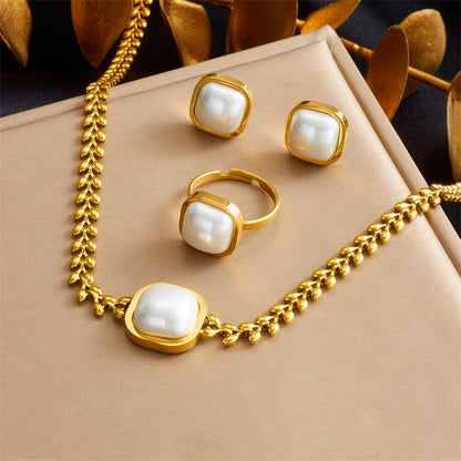 316L Edelstahl Quadrat Große Perle Halskette, Ohrringe, Ring Set für Eleganz