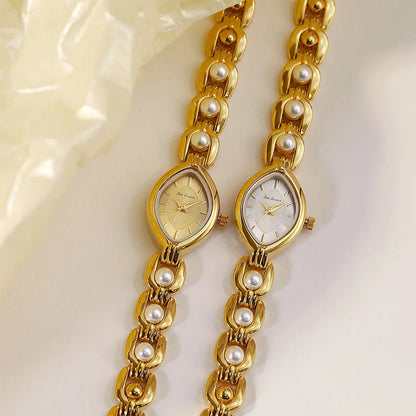Luxus Damen Uhr Armband Schmuck Mit Perlen Quarz Gold