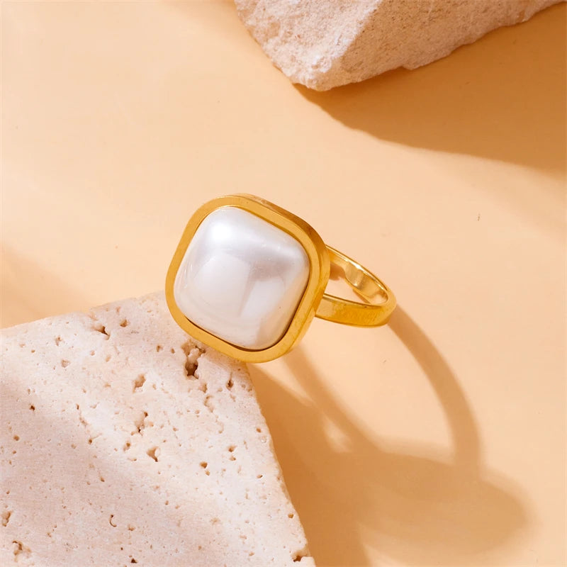 316L Edelstahl Quadrat Große Perle Halskette, Ohrringe, Ring Set für Eleganz