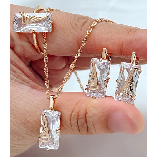 Weißer Glänzender Zirkon Quadrat Schmuckset Rose Gold Damen
