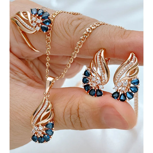 Schmuckset Glänzend Blaue Zirkon Schmuck Sets Damen 585 Rose Gold Ring Ohrringe Halskette