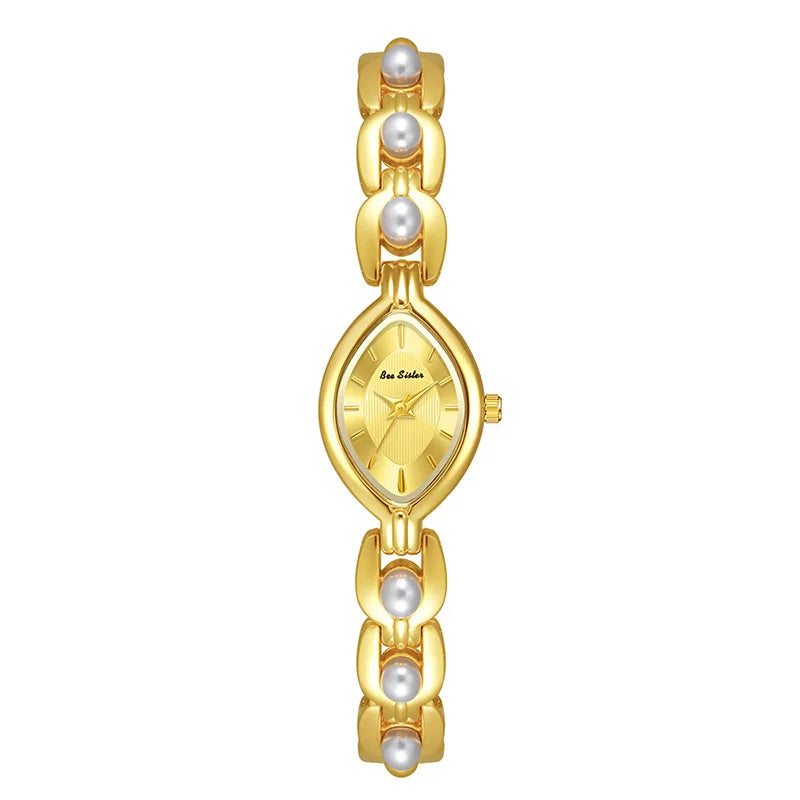 Luxus Damen Uhr Armband Schmuck Mit Perlen Quarz Gold