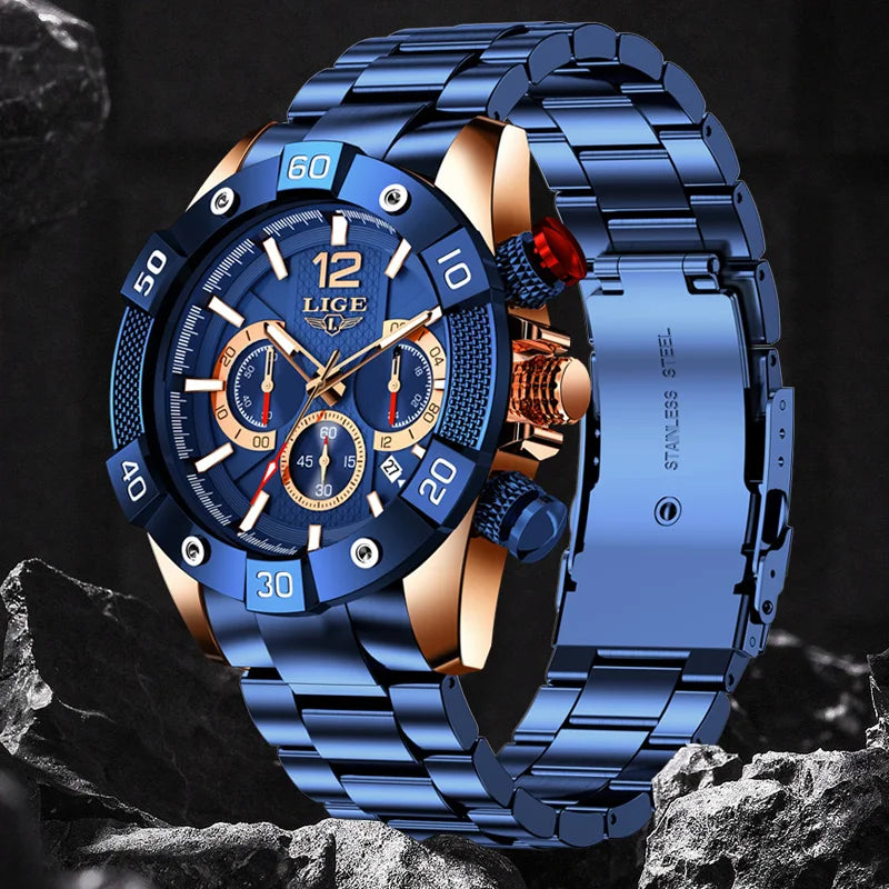 Chronograph Herrenarmbanduhr aus Edelstahl mit großem Zifferblatt und Leuchteffekt
