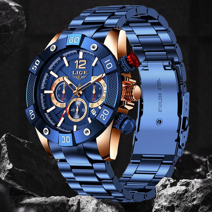 Chronograph Herrenarmbanduhr aus Edelstahl mit großem Zifferblatt und Leuchteffekt