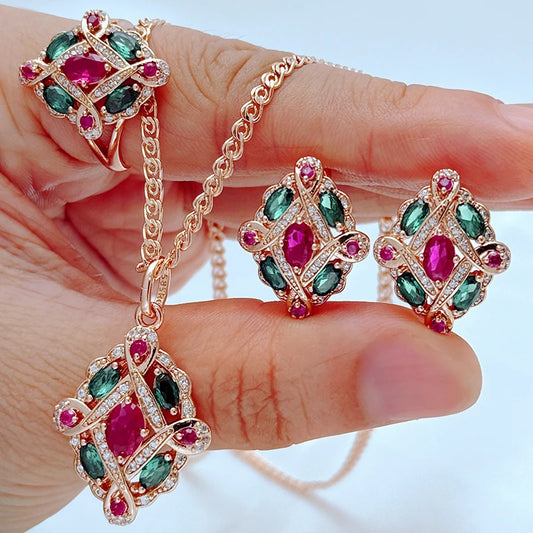 Ethnisches Vintage Schmuck Set Rose Gold Grün Rot Zirkon