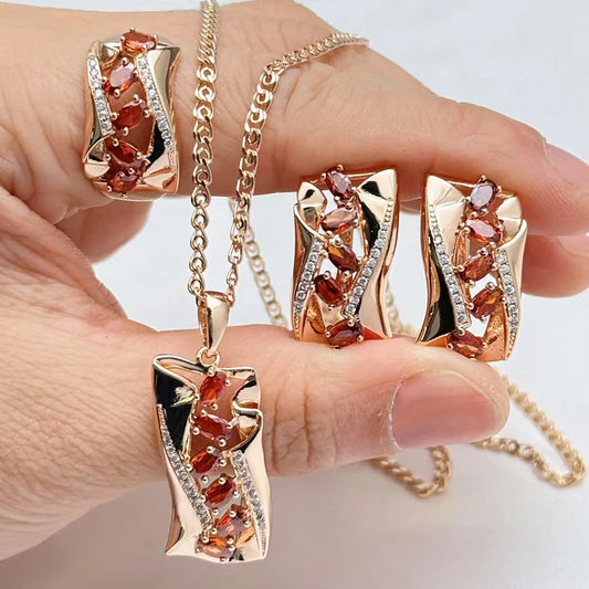 Roségold Schmuckset Zirkon DreiTeilig Ring Ohrringe Kette