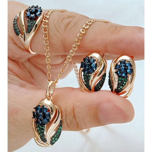 Schmuckset Roségold Zirkon Blau Grün Vintage Damen