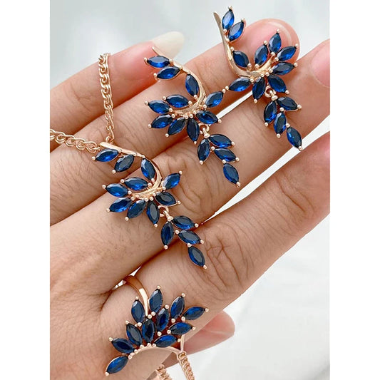Blaues Zirkonblatt Schmuck Damen Kette Ohrringe Roségold