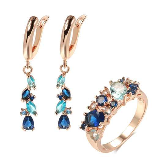 Blaue Natürliche Zirkon Lange Ohrringe Ring Sets für Frauen Eleganz Pur in 585 Roségold
