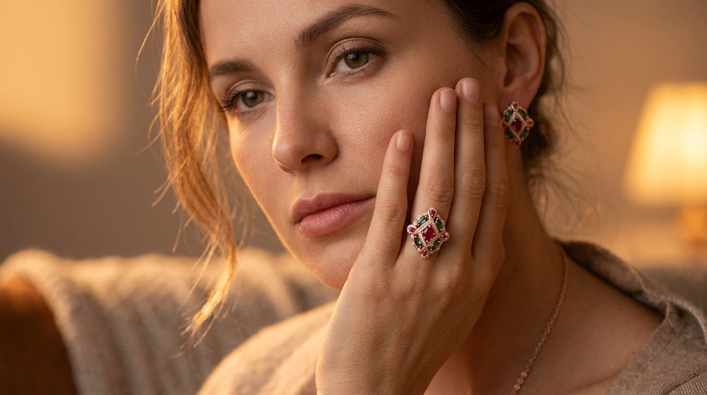 Parure Vintage Ethnique Or Rose Zircon Vert Rouge
