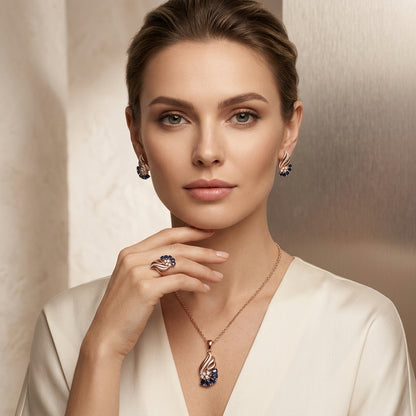 Schmuckset Glänzend Blaue Zirkon Schmuck Sets Damen 585 Rose Gold Ring Ohrringe Halskette