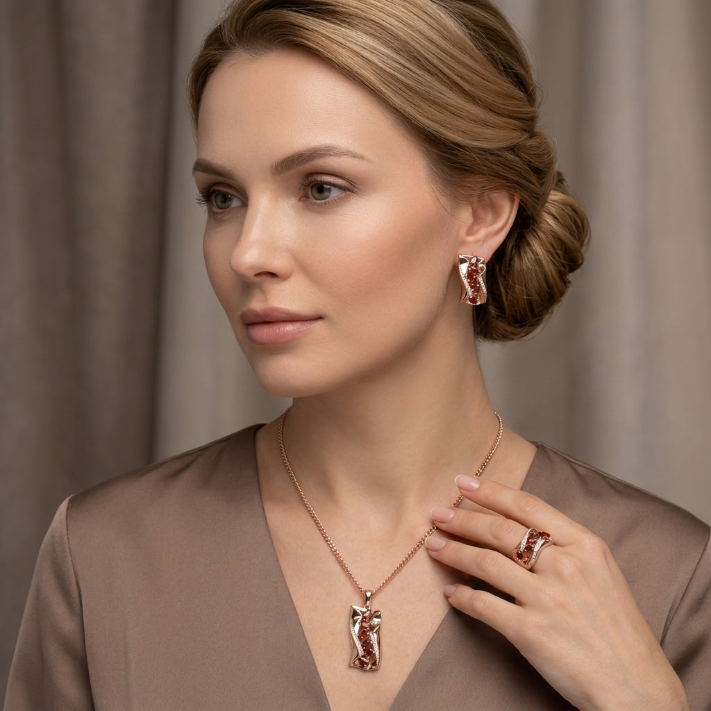Roségold Schmuckset Zirkon DreiTeilig Ring Ohrringe Kette