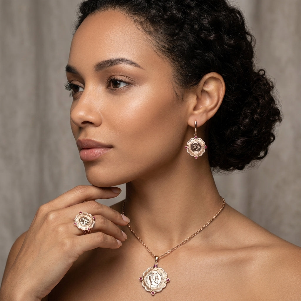 Schmuckset Roter Zirkon Ethno Luxus Roségold – Ring & Kette