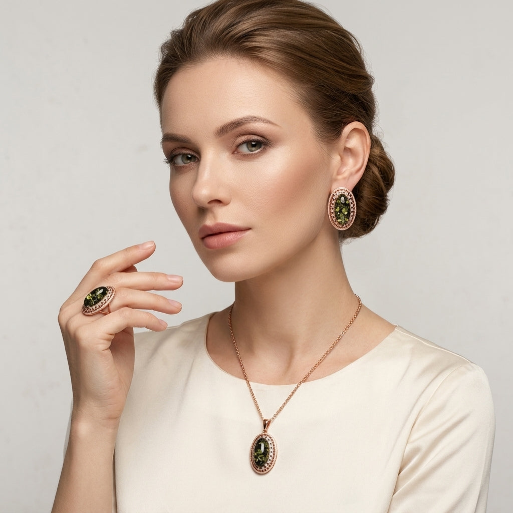 Schmuckset Grüner Bernstein Oval Roségold – Ring & Kette
