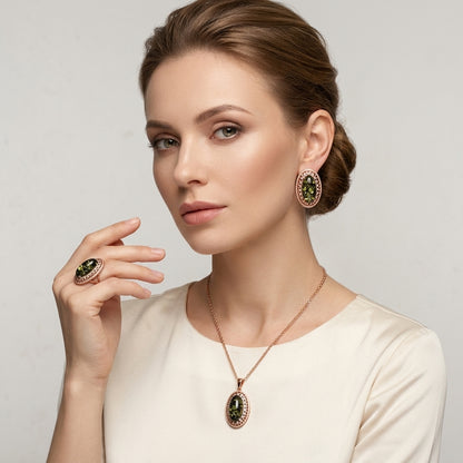 Schmuckset Grüner Bernstein Oval Roségold – Ring & Kette