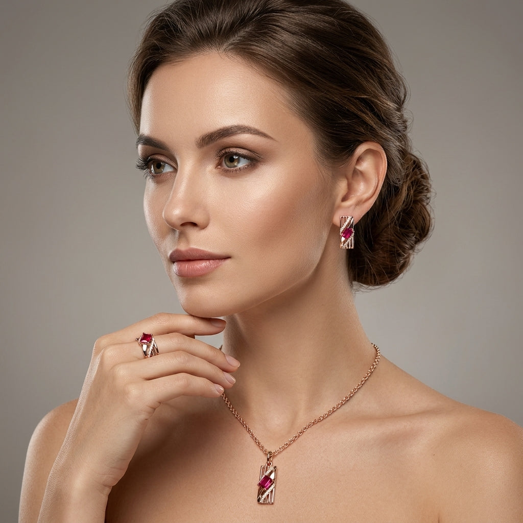 Schmuckset Roter Zirkon Alltagsschmuck Roségold – Ring & Kette