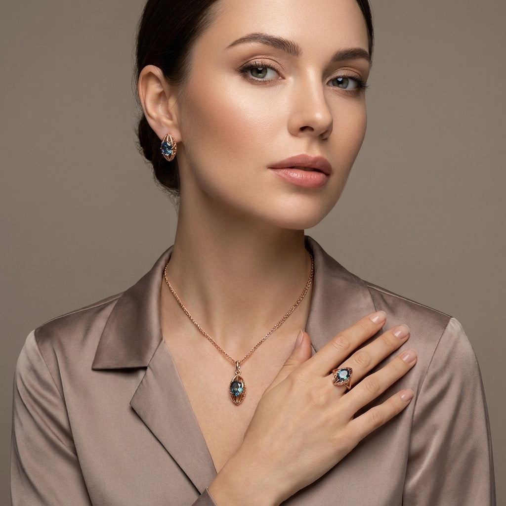 Rosegold Schmuckset 3tlg Zirkon Ohrringe Ring Halskette