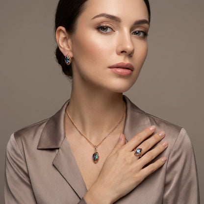 Rosegold Schmuckset 3tlg Zirkon Ohrringe Ring Halskette
