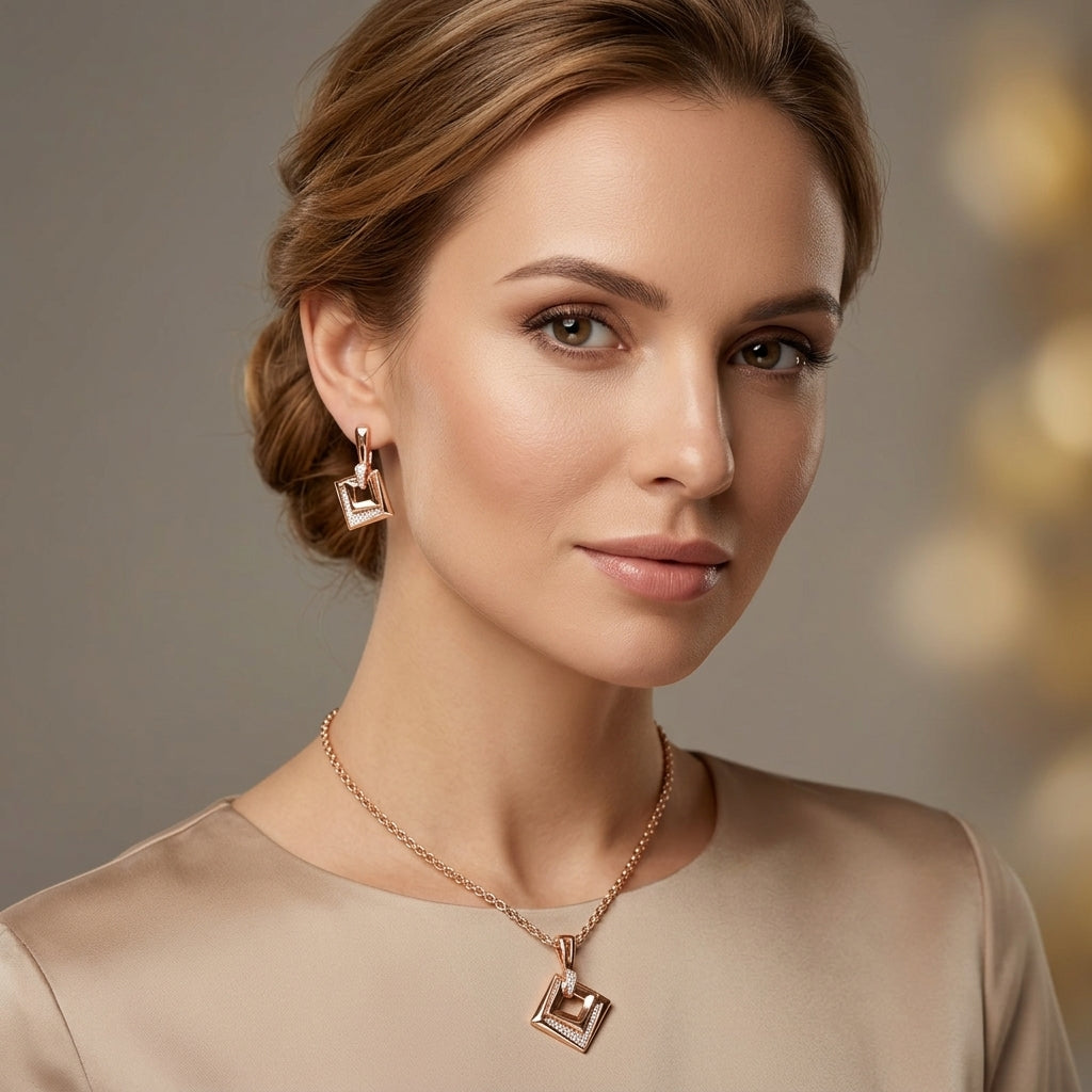 Rose Gold Schmuckset Hochzeit Zirkon Quadrat Ring Ohrringe
