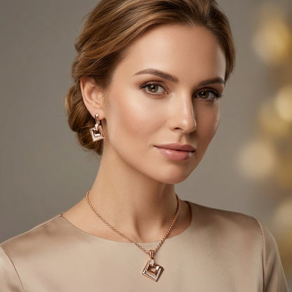 Rose Gold Schmuckset Hochzeit Zirkon Quadrat Ring Ohrringe
