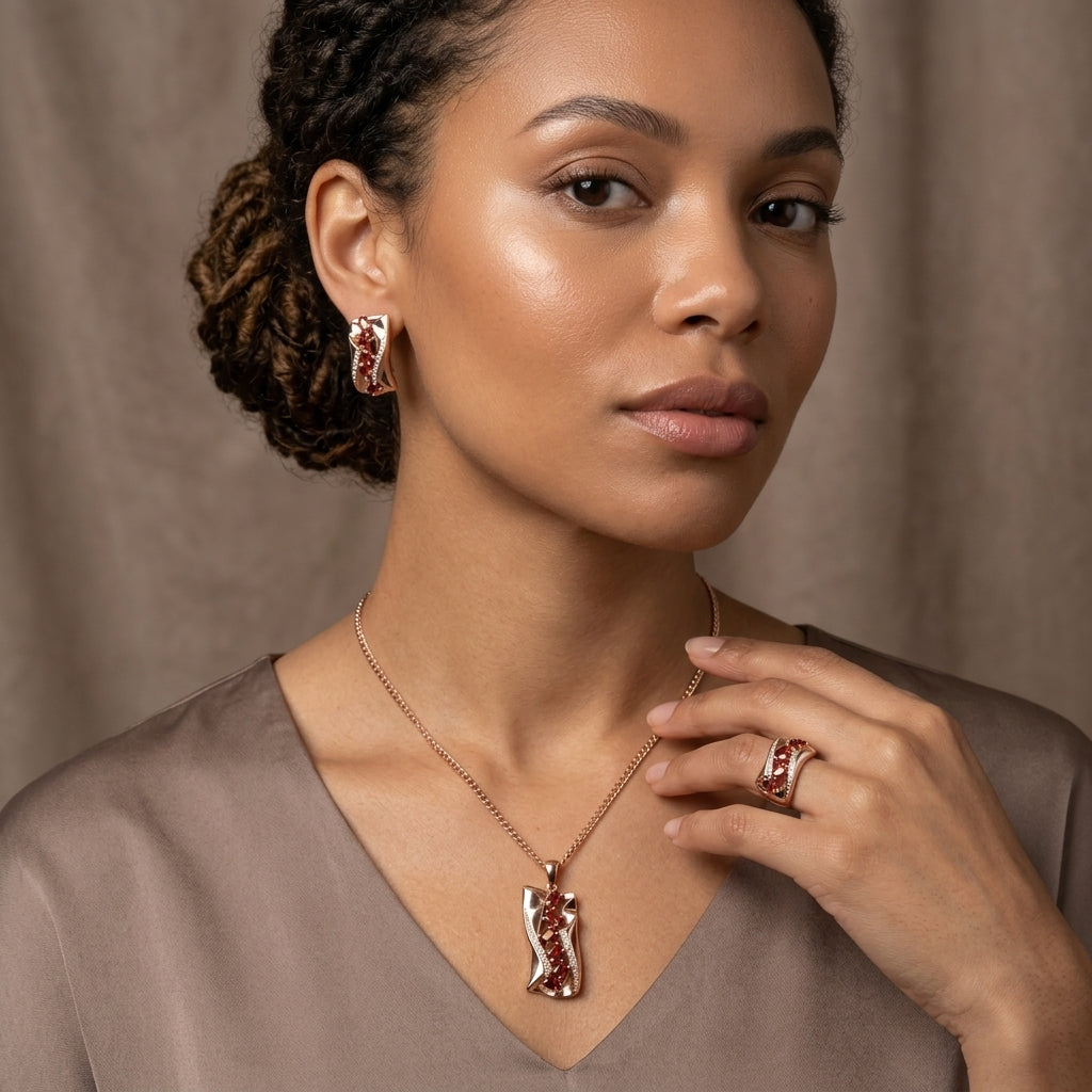 Roségold Schmuckset Zirkon DreiTeilig Ring Ohrringe Kette