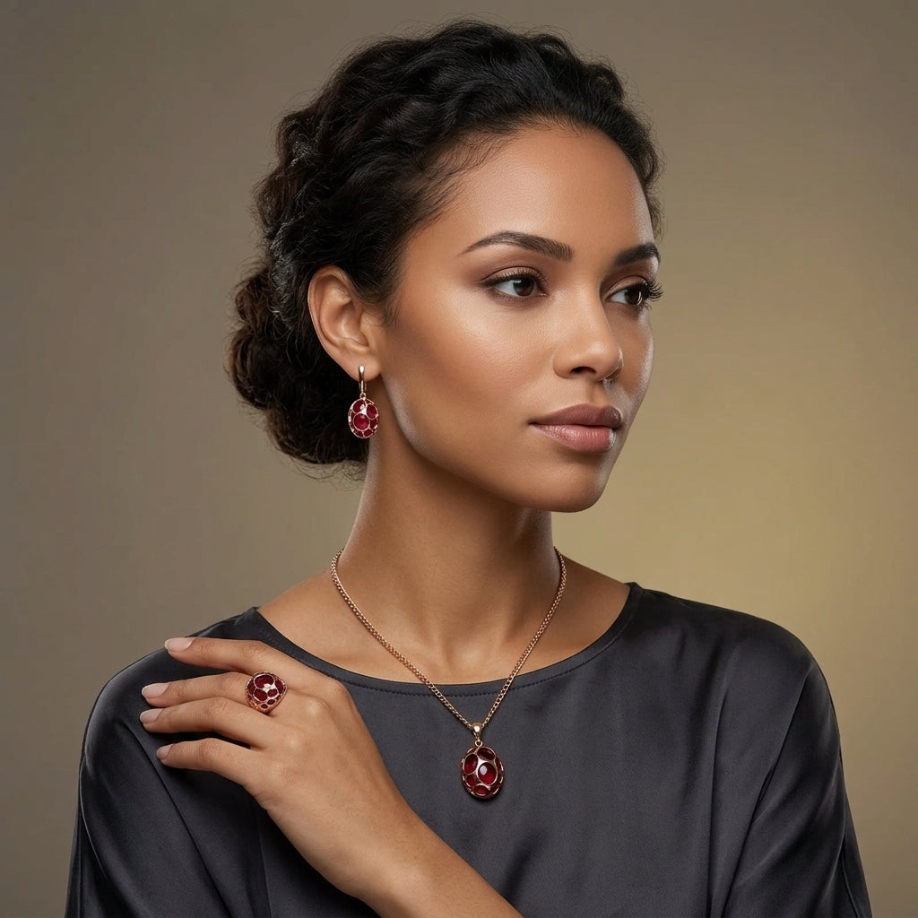 Rotes Zirkon Schmuckset Damen Roségold 585 Ring Ohrringe