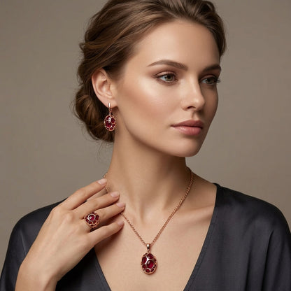 Rotes Zirkon Schmuckset Damen Roségold 585 Ring Ohrringe