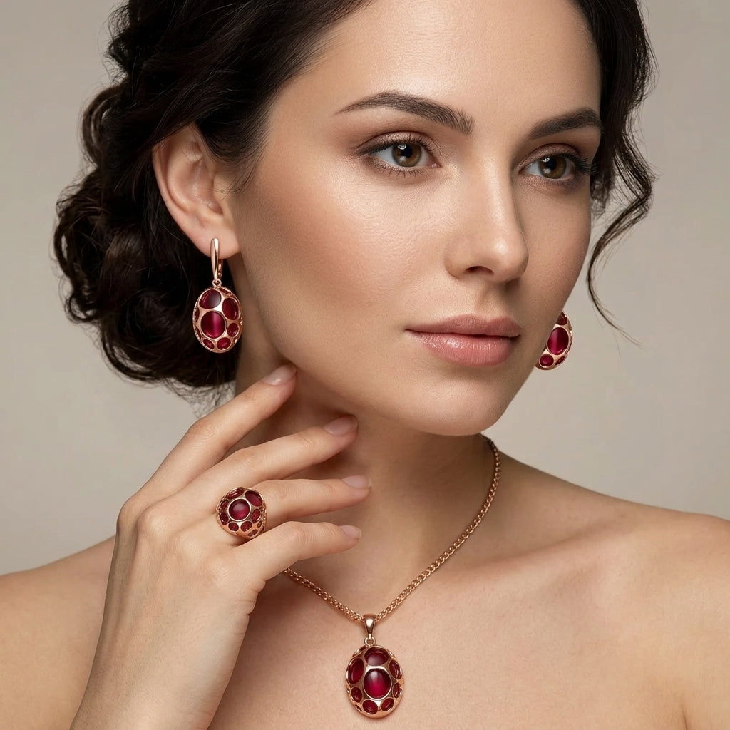 Rotes Zirkon Schmuckset Damen Roségold 585 Ring Ohrringe