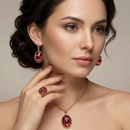 Rotes Zirkon Schmuckset Damen Roségold 585 Ring Ohrringe