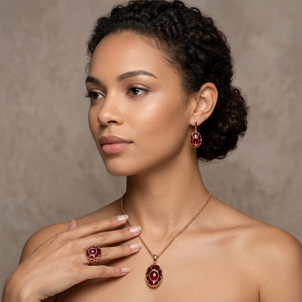 Rotes Zirkon Schmuckset Damen Roségold 585 Ring Ohrringe