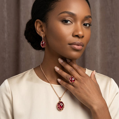 Rotes Zirkon Schmuckset Damen Roségold 585 Ring Ohrringe