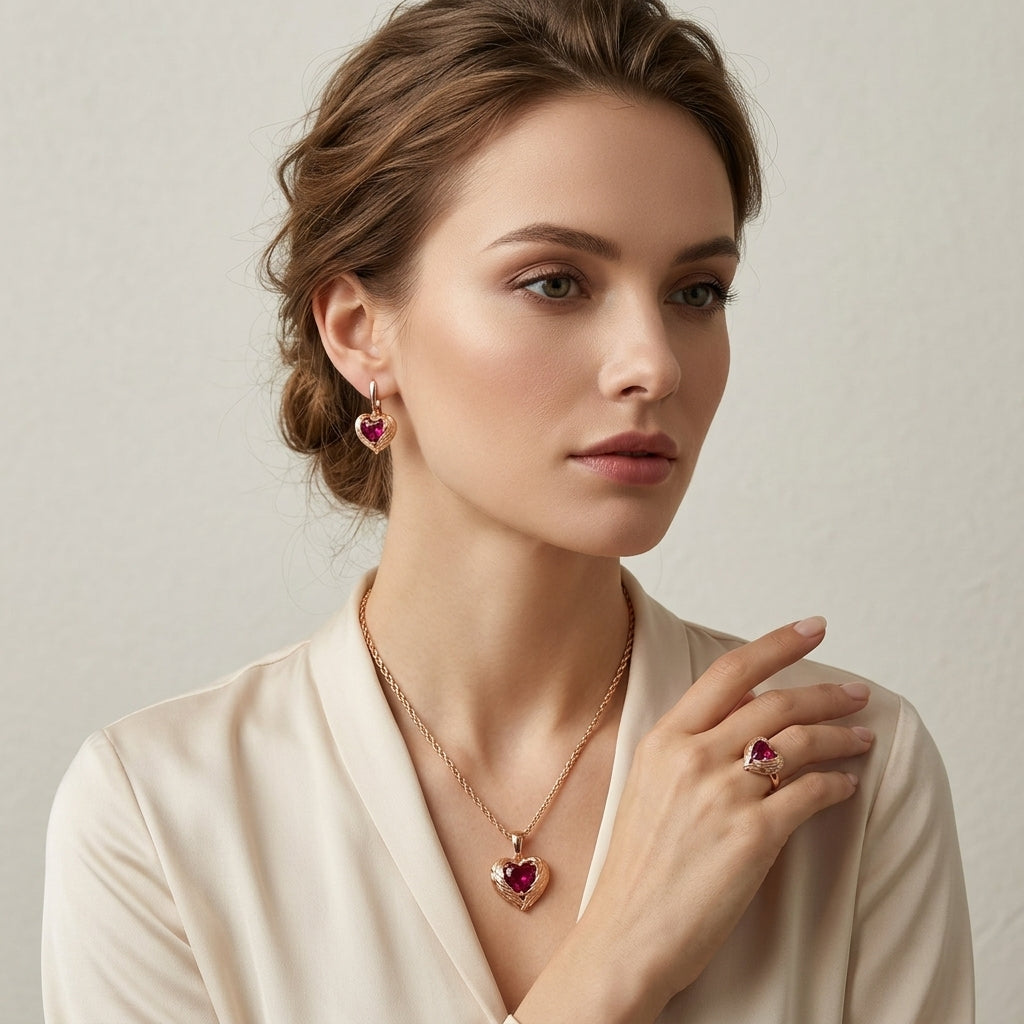 Rotes Zirkon Schmuck Set Damen 585 Roségold Ring Ohrringe Halskette Vintage