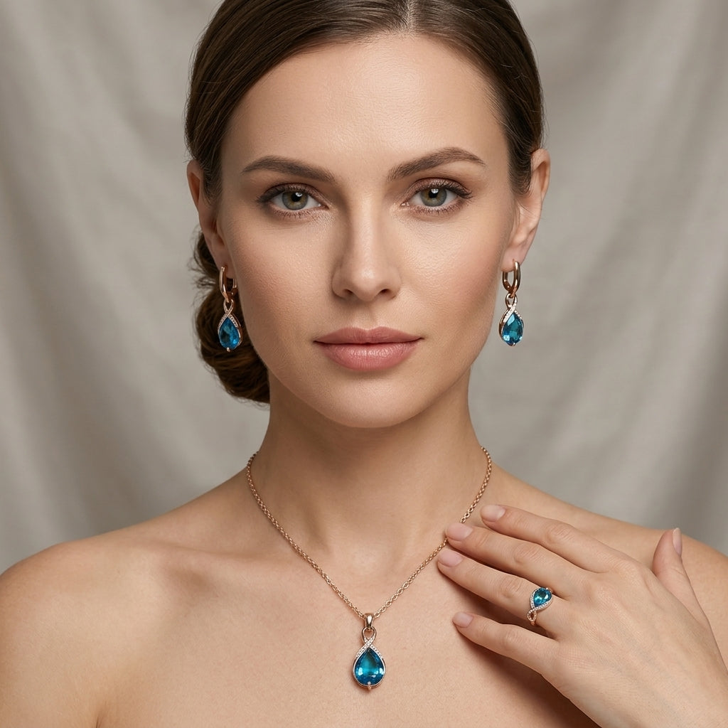 Schmuckset Blau Zirkon Ring Ohrringe Halskette 585 Roségold Glänzend