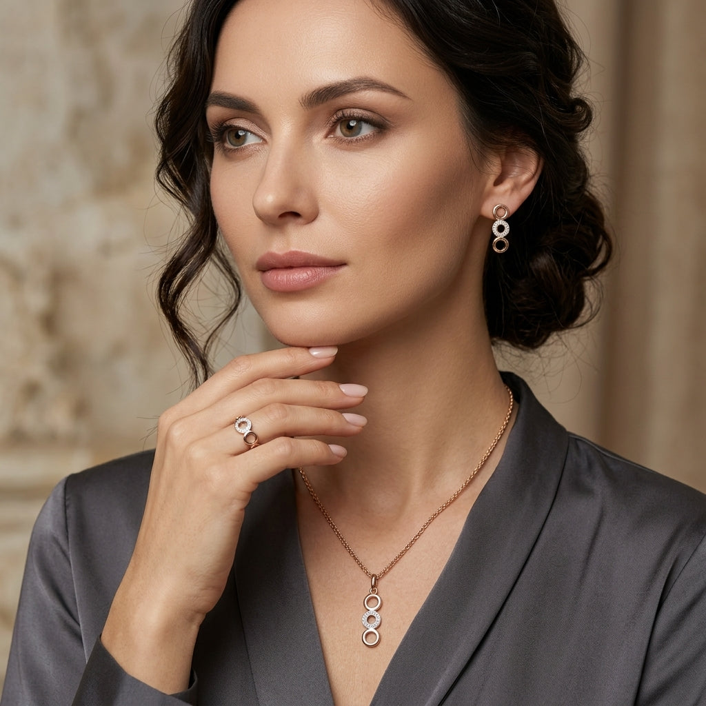 Schmuckset Zirkon Ring Ohrringe Halskette 585 Roségold Hochzeit