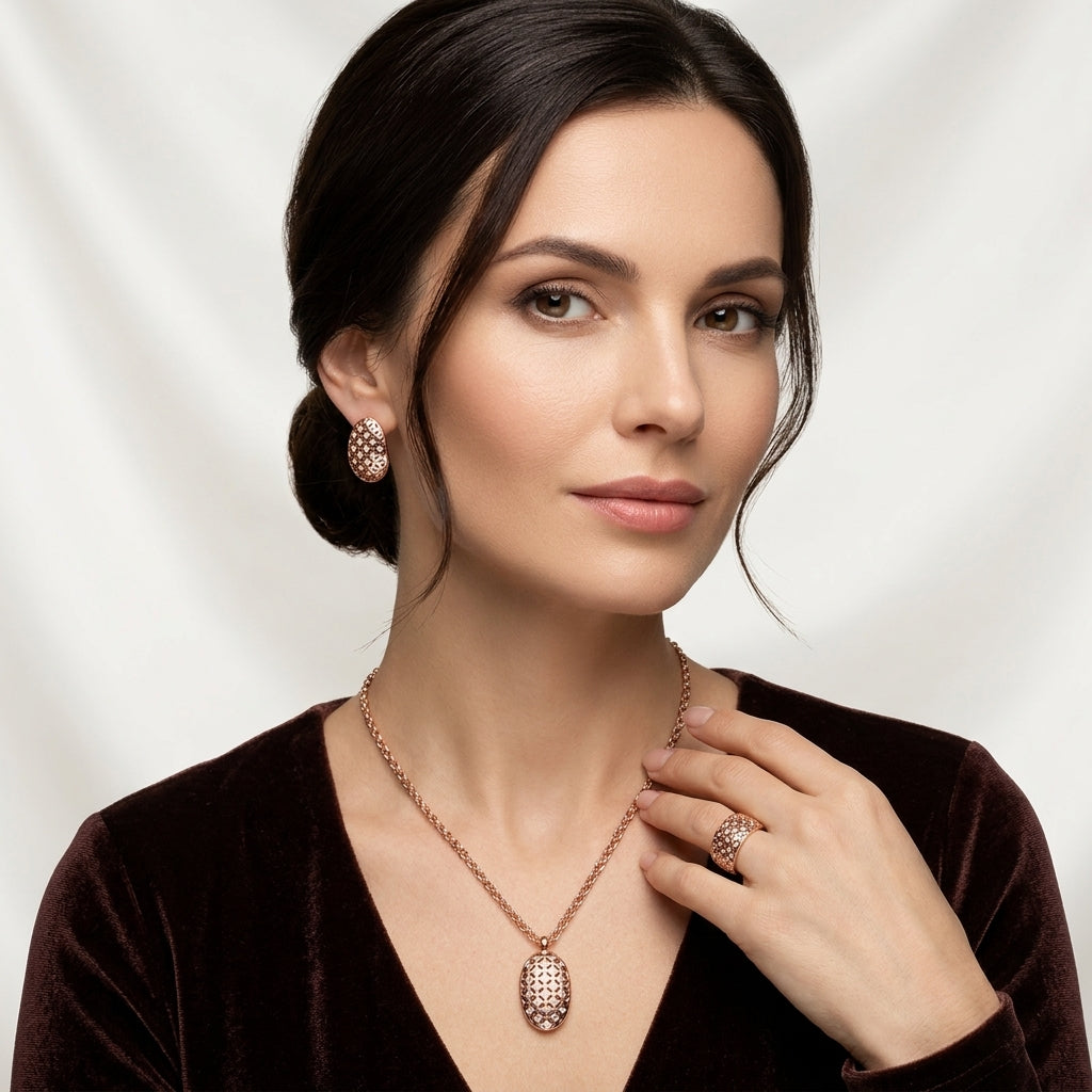 Parure Zircon Ethnique Brillant Or Rose 585 Mariée – Bague & Collier